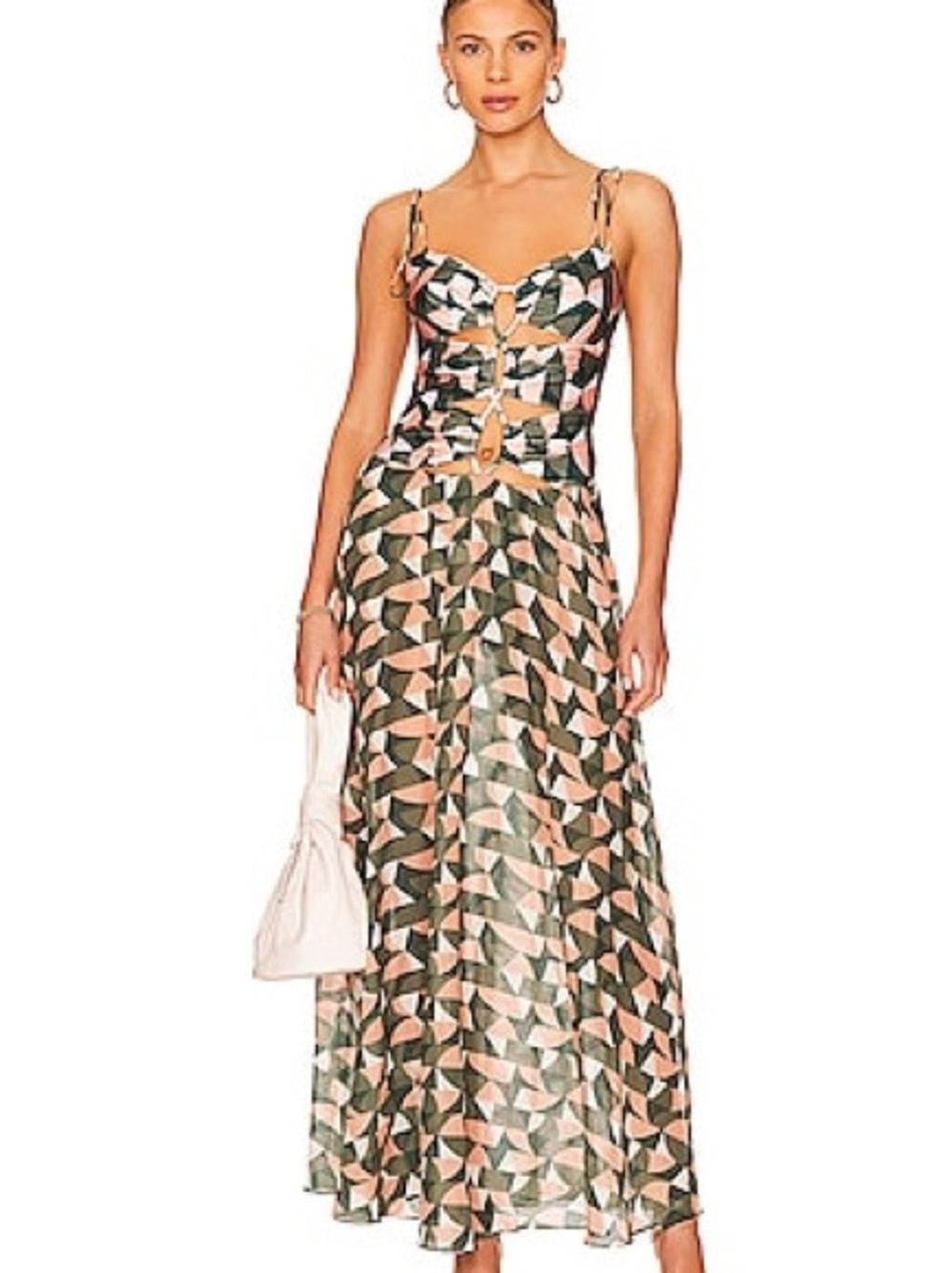 Patbo Plitka Sleeveless Lace Up Geometric Printed Bodysuit Cutouts Maxi Dress M